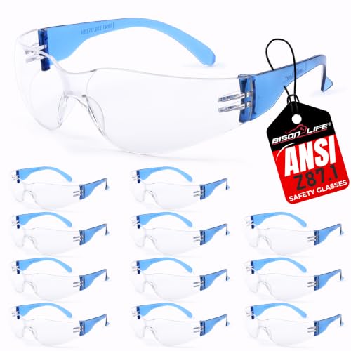 BISON LIFE Clear/Blue Safety Glasses for Men & Women, ANSI Z87.1, 12 Pack - color: Clear/Blue