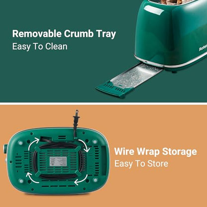 Roter Mond 2 Slice Toaster Retro Stainless Steel with Bagel, Cancel, and Defrost Functions, 6 Bread Shade Settings, Extra Wide Slots and Removable Crumb Tray, Green - color: Green