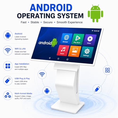32 inch Touch Screen Kiosk, Android System, Install APP, Browser, Digital Signage Kiosk, K-Style Stand Digital Signage Display, Interactive Display Mall Navigation/Advertising/Retail Store - color: White