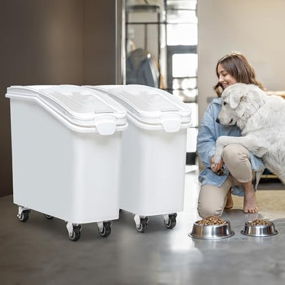 YITAHOME Commercial Rice Container Set of 2, Large Ingredient Storage Bin with Wheels, Lid, Cups & Scoop for Kitchen/Restaurant, 21 & 27 Gallon Bulk Flour Bin, White