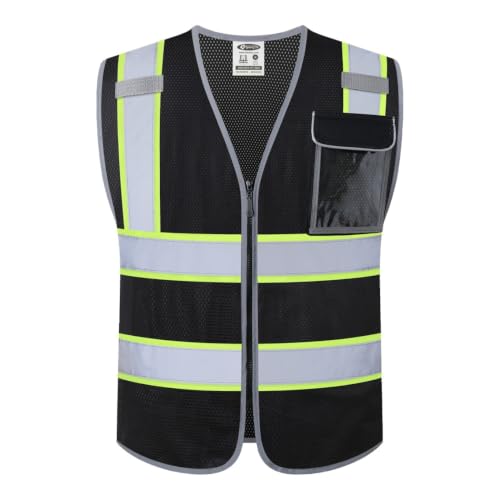 JKSafety Hi-Vis Multiple Pockets Lite MESH Lining Meets ANSI/ISEA Standards - color: Black Yellow Strips, size: 3X-Large