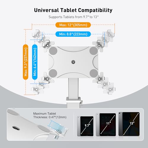 AboveTEK iPad Desk Grommet Mount, Adjustable Tablet Desk Mount with 360° Rotation & 180° Tilt, Fits 9.7"-13" Tablets, Anti-Theft iPad Stand, Heavy-Duty Aluminum Tablet Stand, Perfect for Work - color: Sliver