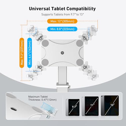 AboveTEK iPad Desk Grommet Mount, Adjustable Tablet Desk Mount with 360° Rotation & 180° Tilt, Fits 9.7"-13" Tablets, Anti-Theft iPad Stand, Heavy-Duty Aluminum Tablet Stand, Perfect for Work - color: Sliver