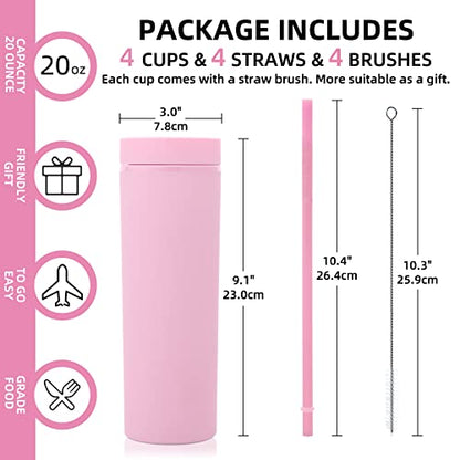 Volhoply 20oz Tumbler with Lid and Straw 8 Pack,Double Wall Clear Plastic Skinny Tumblers Bulk,Reusable Travel Cute Coffee Mug,Acrylic Water Cups With Straw Cleaner for Drinks,Party,Gifts(Pink,8 Set - color: Pink