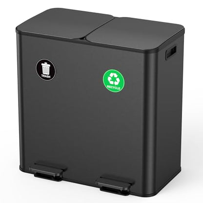 Lovewind Dual Trash and Recycling Bins for Kitchen, 2 * 11-Gallon Stainless Steel Double Trash Can, Step-On Garbage and Recycle Combo, Quiet Close, Pet-Proof, Compatible with 13-Gallon Bags, Black - color: Black, size: 2 x 11 Gallon