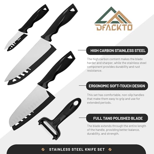 DFACKTO 4-Piece Kitchen Knife Set with Vegetable Peeler without Block – Stainless Steel Knives for Kitchen, Dishwasher Safe Cooking Knife Set with Covers, Sharp Cutting Knives for Cooking – Black - color: Black
