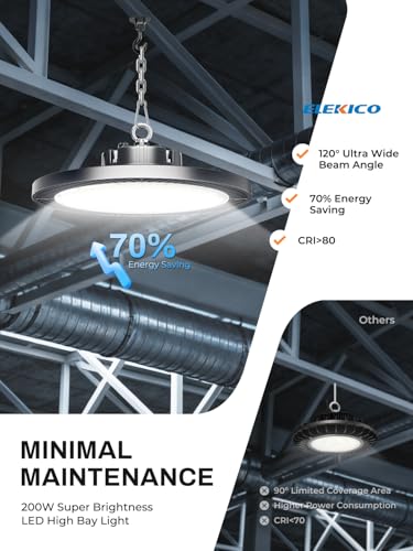 ELEKICO 200W UFO Led High Bay Light| 5000K 30000LM High Bay Led Shop Lights with 5ft Cable Hanging Hook Safe Rope| Shop Light & Garage Lighting Lights for Factory Workshop Warehouse Garage Barn - size: 200W-6-PACK
