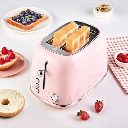 Roter Mond 2 Slice Toaster Retro Stainless Steel with Bagel, Cancel, and Defrost Functions, 6 Bread Shade Settings, Extra Wide Slots and Removable Crumb Tray, Pink - color: Pink