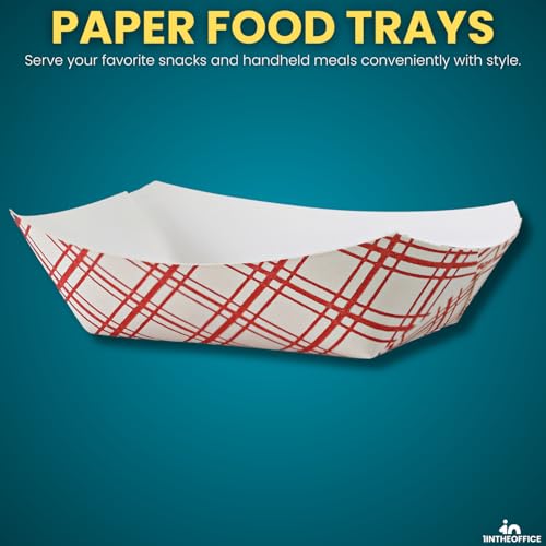 Paper Food Trays, Disposable Food Boat Tray Holders 1/4 lb Capacity, for Nachos, Fries, Hot Dogs & Tacos, Red Plaid, 250 Pack