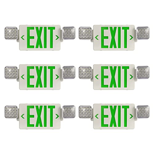 TANLUX Green Exit Sign with Emergency Lights, LED Emergency Exit Light with Battery Backup, UL Listed, AC 120/277V, Commercial Emergency Lights Combo for Business - 6 Pack - color: White Housing+Green Letter, size: 6 Pack