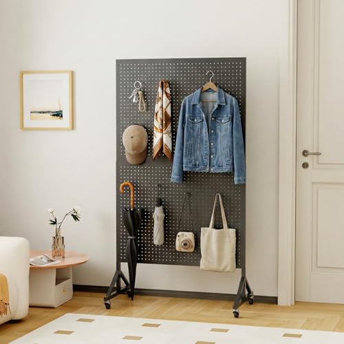 Metal Pegboard Display Stand 3 x 5.5 Feet, Adjustable Height with 40 Peg Board Hooks and Wheels, Pegboard Display Rack, Craft Display Rack, Retail Display Rack, Garage Peg Board - size: 3.5*5.5