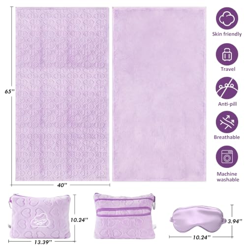 Travel Blanket, Airplane Blanket, Ultra-Soft, Warm & Lightweight, 65x40 in, Outdoor Blanket Essentials for Women, Men & Kids, Included Eye Mask, Luggage Sleeve & Backpack Clip Heart Purple - color: Heart Purple