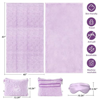 Travel Blanket, Airplane Blanket, Ultra-Soft, Warm & Lightweight, 65x40 in, Outdoor Blanket Essentials for Women, Men & Kids, Included Eye Mask, Luggage Sleeve & Backpack Clip Heart Purple - color: Heart Purple
