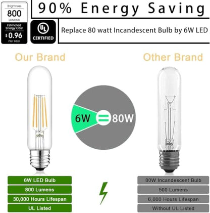 5 Inch Edison Bulb, 5000K Daylight White E26 Led Bulb 6W Dimmable, 800LM T10 T9 Bulb Clear Glass Tubular Light Bulbs, AC 120V Equal 80 Watt Bulbs for Chandelier Pendant Wall Light - 9Pack - size: 5 Inch 6W (9 Count)