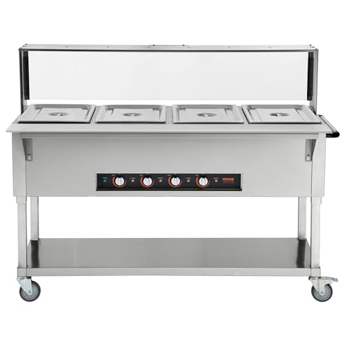VEVOR 4-Pan Commercial Food Warmer, 4 x 20.6QT Electric Steam Table, 2000W Professional Buffet Catering Food Warmer with Acrylic Sneeze Guard, Food Grade Stainless Steel Server for Party Restaurant - size: 4-Pan (96 QT)