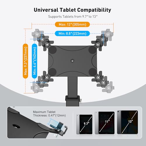 AboveTEK iPad Desk Grommet Mount, Adjustable Tablet Desk Mount with 360° Rotation & 180° Tilt, Fits 9.7"-13" Tablets, Anti-Theft iPad Stand, Heavy-Duty Aluminum Tablet Stand, Perfect for Work - color: Black