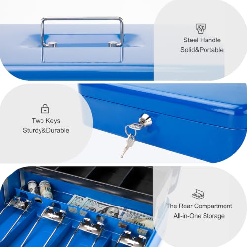Jssmst Metal Cash Box with Money Tray and Lock, Portable Cash Drawer, 11.8" - color: Blue Key