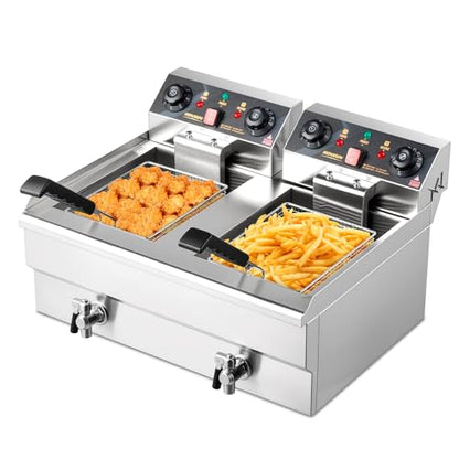 ROVSUN 24.9QT Electric Deep Fryer with Baskets, Timer Drains & Lids, 3400W Commercial Deep Fryer, Dual Tank Kitchen Countertop Frying Machine, Adjustable Temperature for Home Restaurant - size: Double Fryer with Timer & Drain-24.9QT