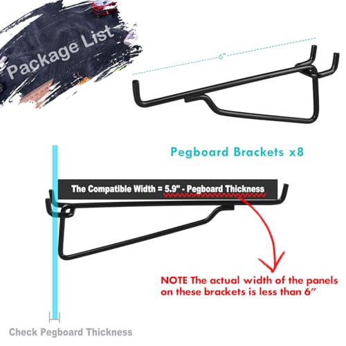 Pegboard Shelf Hooks 8 Pack Black 6" Metal Brackets, Peg Board Accessories - color: Black, size: 6 Inch