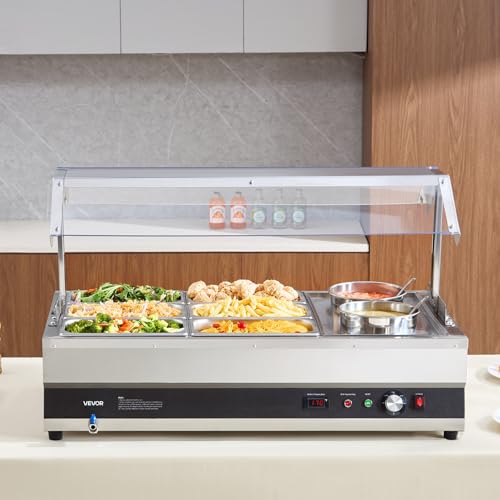 VEVOR Electric Soup Warmer, Two 6.34QT Pots & Six 1/3 Pans, Stainless Steel Commercial Food Warmer with 86~185°F Adjustable Temp, 1500W Bain Marie with Cover, Soup Station for Restaurant, Buffet - size: 2×6L Pots and 6×1/3 Pans