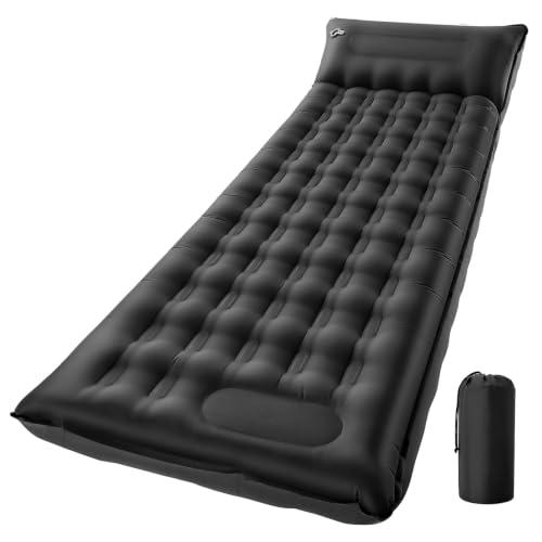 Camping Sleeping Pad, 6 inch Thick Ultralight Camping Mat with Pillow, Built-in Foot Pump Inflatable Sleeping Pads Compact for Camping Backpacking Hiking Traveling Tent,Single,Black - color: Black