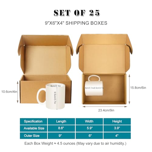 Shipping Boxes 9x6x4 inches Set of 25, Medium Durable Brown Cardboard Corrugated Mailer Boxes for Small Business & Gifts Packaging - size: 9 x 6 x 4 in