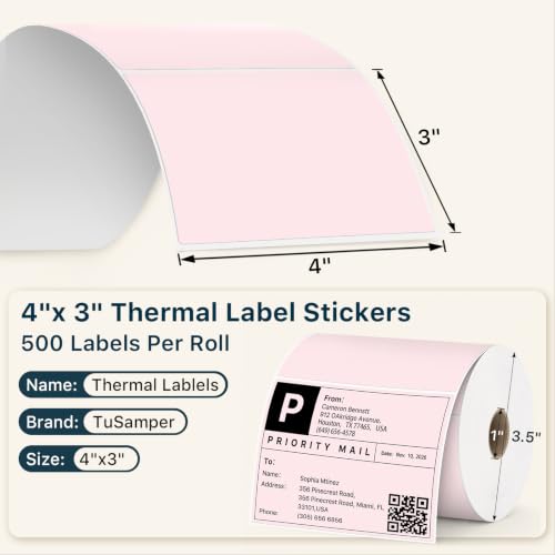 4" x 3" Thermal Labels, Pink, 500 Labels/Roll - color: Pink