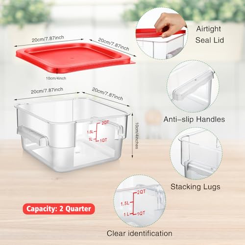 Suclain 2 Pcs Square Food Storage Container Polycarbonate Clear Food Container with Lid Commercial Rice Storage with Graduations for Commercial Kitchen(2 Qt,Red) - color: Red, size: 2 Qt
