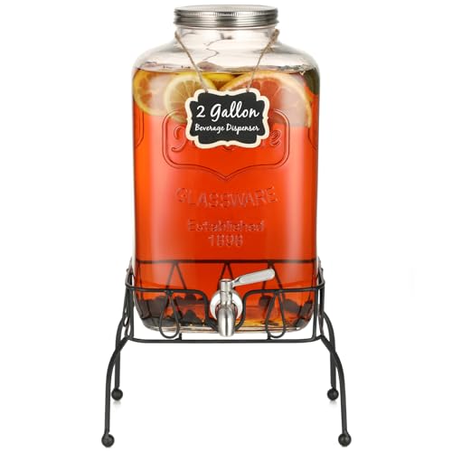 2 Gallon Glass Drink Dispenser with Stand, Stainless Steel Leakproof Spigot and Lid, Glass Drink Dispensers for Parties, Water Beverage Dispenser - size: 2 Gallon With Stand