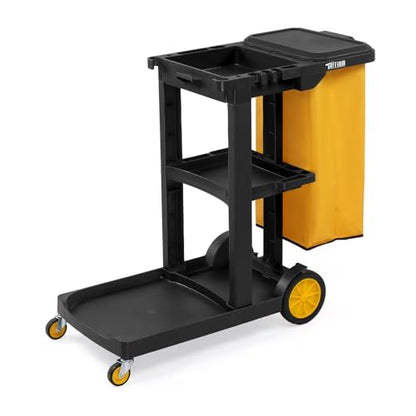 TUFFIOM Commercial Traditional Cleaning 3-Shelf Janitorial Cart, 500 Lbs Capacity Housekeeping Cart, Wheeled with Yellow VinylBag and Cover w Lid, Black, - color: Black