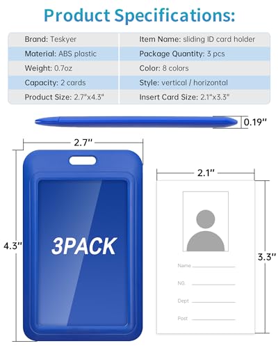 Teskyer 3 Pack Sliding ID Badge Holder, Vertical, Blue - color: Blue