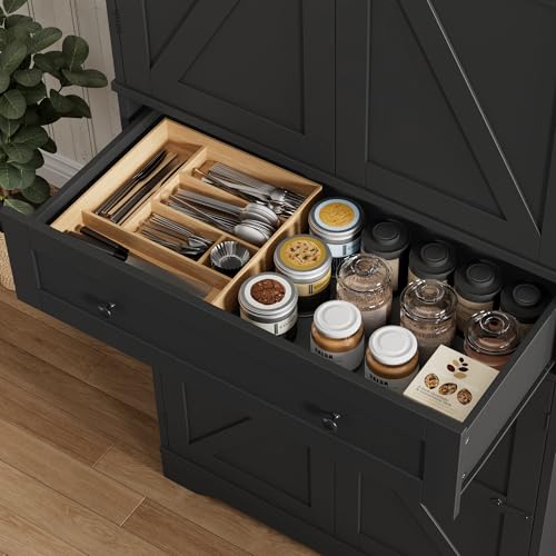 HOSTACK 71" Kitchen Pantry Storage Cabinet, Farmhouse Pantry Cabinet, Black - color: Black