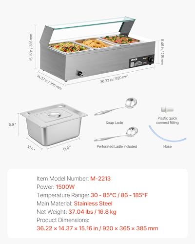 VEVOR Commercial Food Warmer, 1500W Electric Stainless Steel Steam Food Warmer with Glass Cover, 3-Pan Countertop Buffet Bain Marie with Soup & Perforated Ladles, for Catering, Restaurant & Party - size: 36.22 x 14.37 x 15.16 in