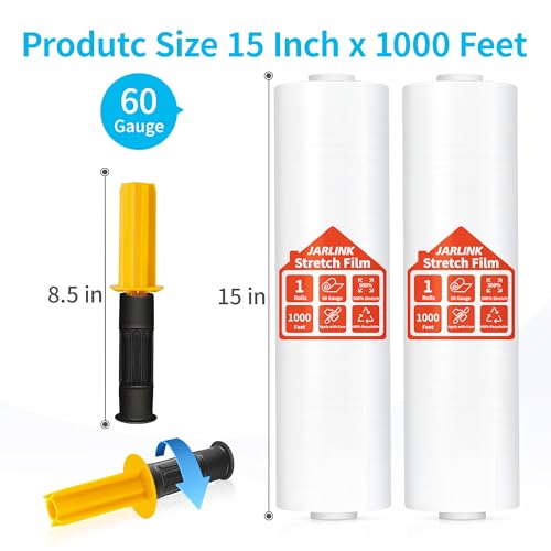 JARLINK Stretch Film, 15 Inch x 1000 Feet Shrink Wrap for Pallet Wrap, Industrial Strength Stretch Wrap with Handles, Moving Wrapping Plastic Roll, 60 Gauge, 1 Pack, Clear - size: 1 Pack, style: Yellow Handles