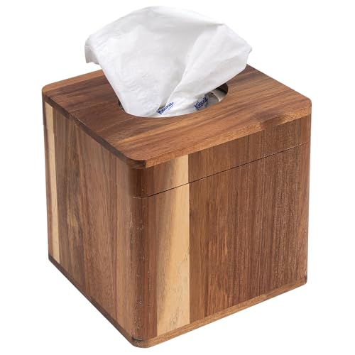 Rustic Brown Wood Standard Square Facial Tissue Paper Dispenser Napkin Box Holder Hinged Metal Magnetic Wooden Lid Kitchen Organizer Rounded Corners Quick Refill Office Home Farmhouse