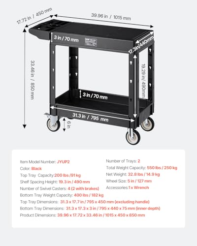 VEVOR Utility Cart, 550 lbs Load Capacity, 31.3 x 17.7-inch Service Cart, Two-Shelf Heavy Duty Plastic Utility Cart with 360° Swivel Wheels (2 with Brakes), Suitable for Warehouse, Garage, Cleaning - style: 550 LBS-Small