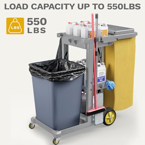 DWVO 3-Tier Janitorial Cart on Wheels, Grey Cleaning Housekeeping Cart - color: Gray
