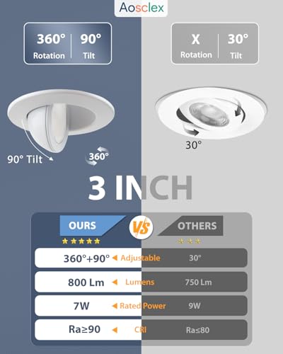 Aosclex 6 Pack 3 Inch Adjustable Gimbal 5CCT Recessed LED Light 7W 800LM - color: White-3inch, size: 6 Pack