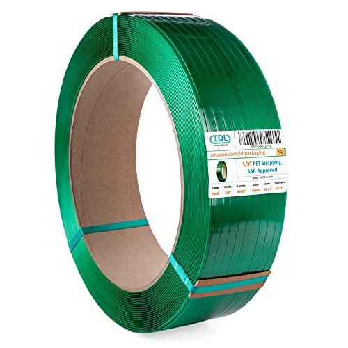 IDL Packaging 5/8" x .035" x 4000' Polyester (PET) Strapping Roll of 16" x 6" Core Size, 1400 lbs Break Strength, Green - UV, Water, and Rust Resistance - Affordable and Lightweight Poly Strapping - size: 5/8W" x 4000L' (1400 lbs BS)