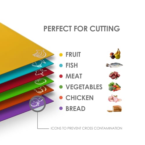 EMMANA - Plastic cutting board for kitchen. Set of 8 – 6 Color-Coded Flexible Plastic Mats with Food Icons + Peeler & Microfiber Towel – BPA-Free, Non-Slip Back, Dishwasher Safe, Durable & Non-Porous