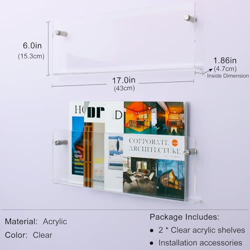 2 Pack Clear Acrylic Magazine Holder, Wall Mount Hanging Bookshelf Literature Storage Rack, Brochure File Display Shelf for Waiting Room, Living Room, Office, Home - size: Clear & 17 Inch