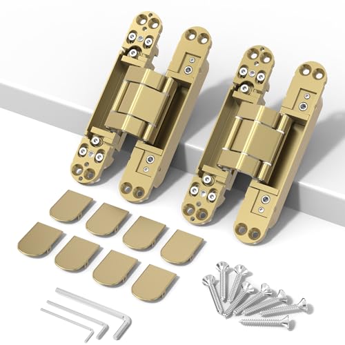 Hidden Door Hinges 2 Pack 6 inch 3-Way Adjustable 180° Gold Concealed Hinge - color: Gold, size: 6 Inch