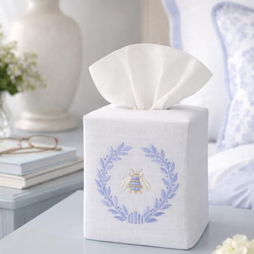 Jacaranda Living Square Tissue Box Cover, Linen/Cotton Fabric Tissue Holder, Decorative Cloth Tissue Cube Cover, Nature Designs Napoleon Bee Wreath (Blue) - color: Napoleon Bee Wreath (Blue)