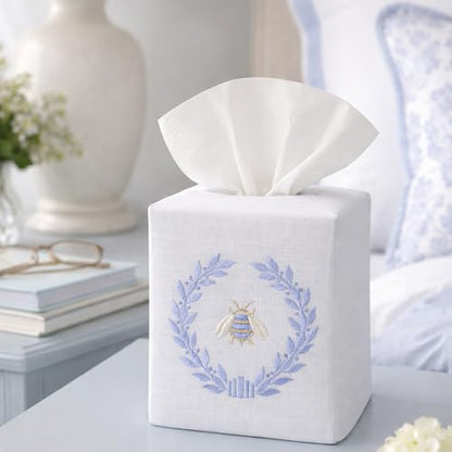 Jacaranda Living Square Tissue Box Cover, Linen/Cotton Fabric Tissue Holder, Decorative Cloth Tissue Cube Cover, Nature Designs Napoleon Bee Wreath (Blue) - color: Napoleon Bee Wreath (Blue)