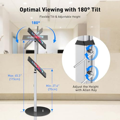 AboveTEK Anti Theft iPad Floor Stand, Robust Security Kiosk POS Tablet Stand, Height Adjustable Secure Holder Enclosure w/Lock and Key Mechanism for iPads/iPad Air/iPads Pro, Ideal for Retail Business - size: 9.7"/10.2"/10.5" iPad