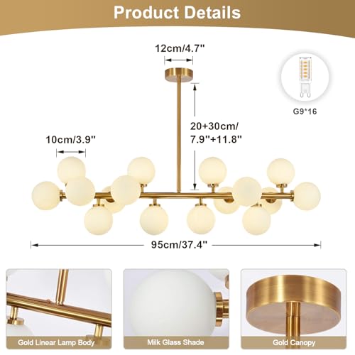 KCO Lighting Modern Glass Linear Pendant Light White Globe Chandelier Light Fixture Gold Rectangle Chandelier 16 Light Brass Globe Sputnik Dining Room Chandelier Mid Century Pendant Light - color: 16 Light-Gold