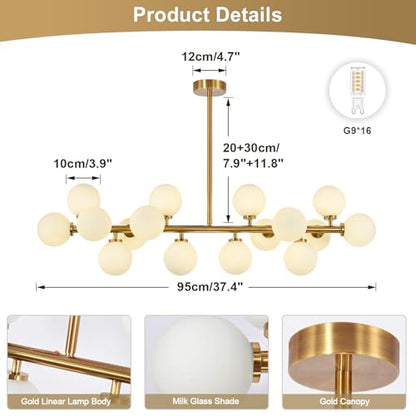 KCO Lighting Modern Glass Linear Pendant Light White Globe Chandelier Light Fixture Gold Rectangle Chandelier 16 Light Brass Globe Sputnik Dining Room Chandelier Mid Century Pendant Light - color: 16 Light-Gold