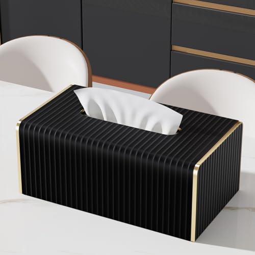 Tissue Box Cover,Black Rectangle PU Leather Tissue Holder with Gold-Tone Edging Accents,Tissue Box Cover for Bathroom Toilet Bedroom Living Room Table Desk Office,Countertop - color: Black, size: Rectangle Standard