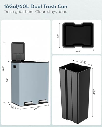 Arlopu 16Gal Dual Trash Can w/2 Built-in Box for Odor Control - color: Haze Blue
