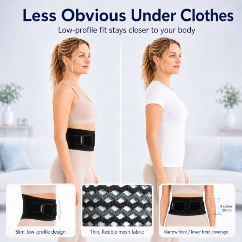 Breathable Thin Back Brace for Women, Adjustable Lower Back Support Belt for Everyday Pain Relief, Slim Low-Profile Lumbar Brace with Gentle Compression, Comfortable Under Clothes - size: L/XL(Waist:43"-53")